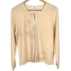 Cashmere cardigan beige sizes small with cashmere flowers on it
